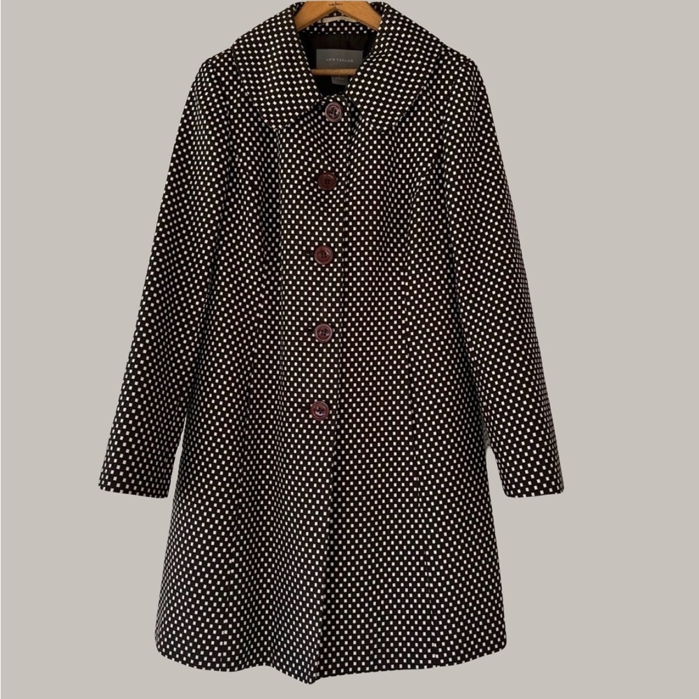 ANN TAYLOR‎ Womens Coat size 6 A-Line Button Front Checkered Cotton Blend Brown